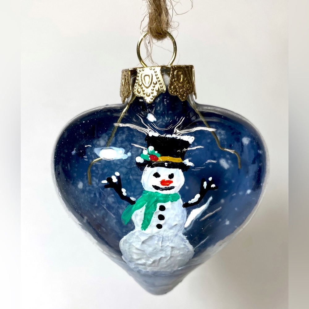 ORIGINAL Hand Painted Snowman Scene on Puffed Glass Heart Christmas Ornament